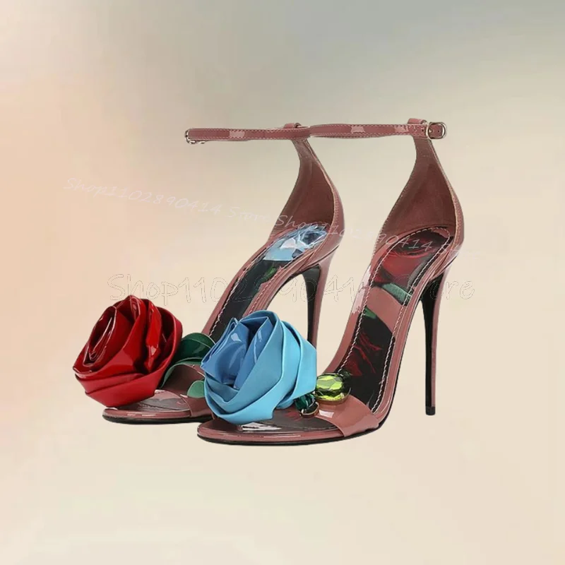 

Rose Appliques Decor Floral Print Party Sandals Ankle Buckle Strap Women Shoes Thin High Heels Open Toe 2024 Zapatos Para Mujere