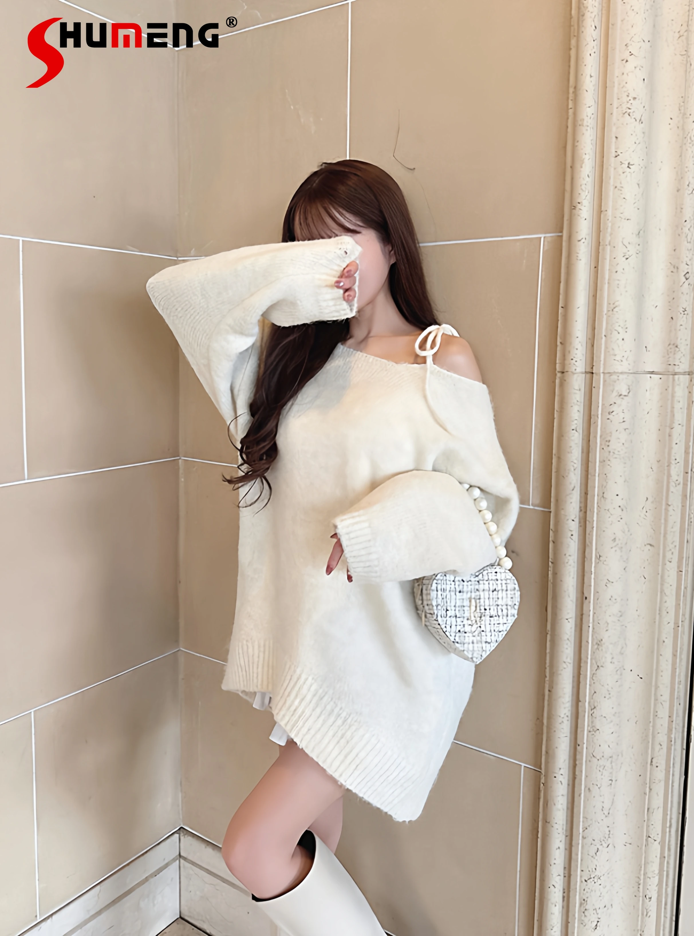 

Japanese Sweet Versatile Socialite 2-Way Lace-up Bow Off-Shoulder Long Sleeve Loose Casual Knitted Pullover Sweater Women Autumn