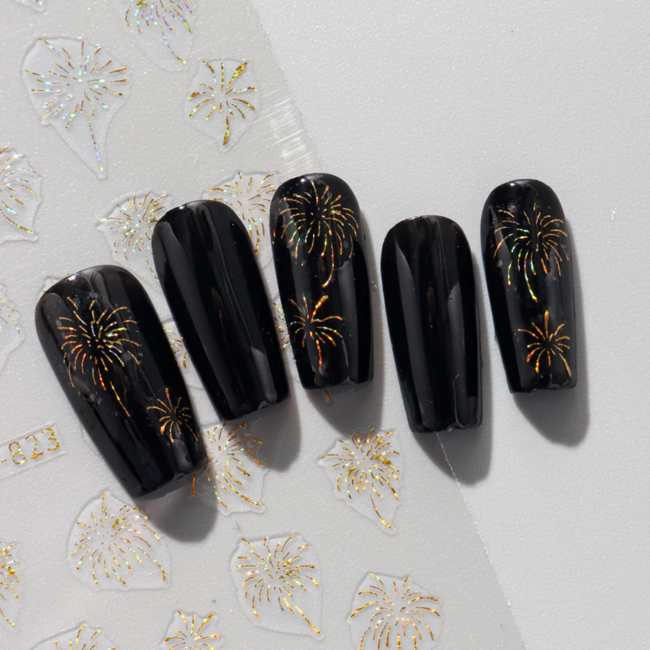 6 قطعة ملصقات الأظافر الألعاب النارية ، الذهب الأحمر الليزر تزهر الألعاب النارية نمط مسمار الشارات ثلاثية الأبعاد ذاتية اللصق مانيكير الزينة DIY بها بنفسك