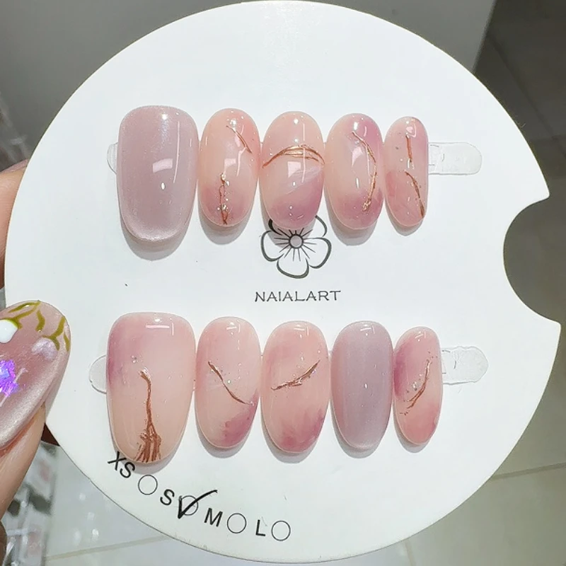 

24PCS Handmade Wearing Armor Color Dyeing Press on Nails Short Elliptical Fake Nail 3D Flower Pattern Nail Flakes