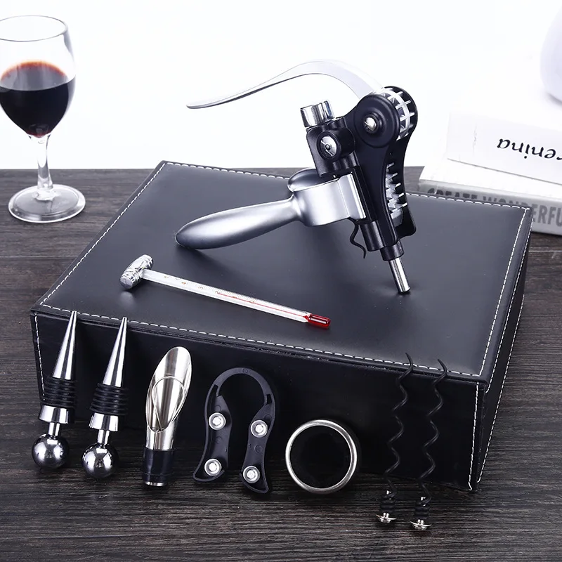 9pcs Wine Tool Set Black Leather Gift Box Wine Opener Corkscrew Kit For Wine Lovers