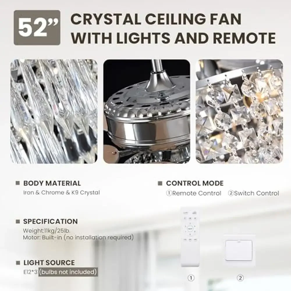 52" Modern Crystal Ceiling Fan with Lights Remote Elegant Chandelier Fandelier Wooden Blades Bedroom Cooling Rotation Quiet