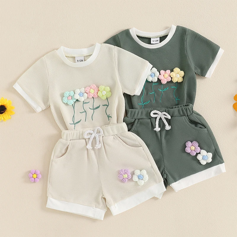 Toddler Baby Girl Summer Clothes 3D Flower Bow Short Sleeve T Shirt Tops Shorts 2Pcs Set Cute Infant Waffle Outfits