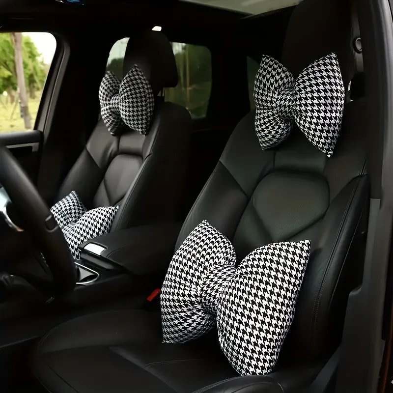 1pc car cute bow Houndstooth headrest, neck pillow, waist pillow, simple black and white style interior automotive supplies