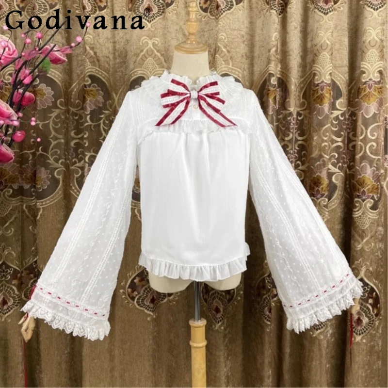 2025 New Lolita Double Long Sleeve Cute Bow Chiffon Shirt Girl Spring Summer Chinese Flare Sleeve Lace-up Sweet Versatile Blouse