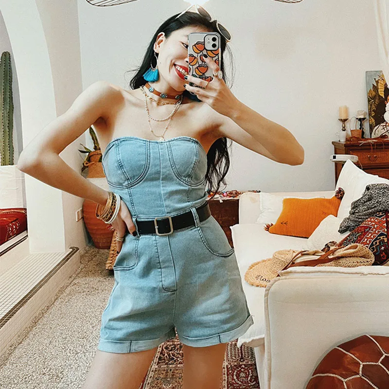 Denim Jumpsuit for Women Short Denim Playsuits Jumpsuit Backless Sleeveless Temperament Zipper Casual Fasion Summer 2023