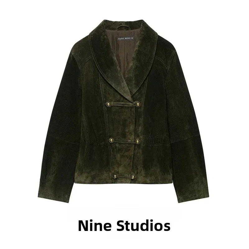 NINE ZAR Women's Loose Neck Button Jacket Outerwear Long Sleeve Double Row Button Closure Napoleon Knot Design Winter Coat