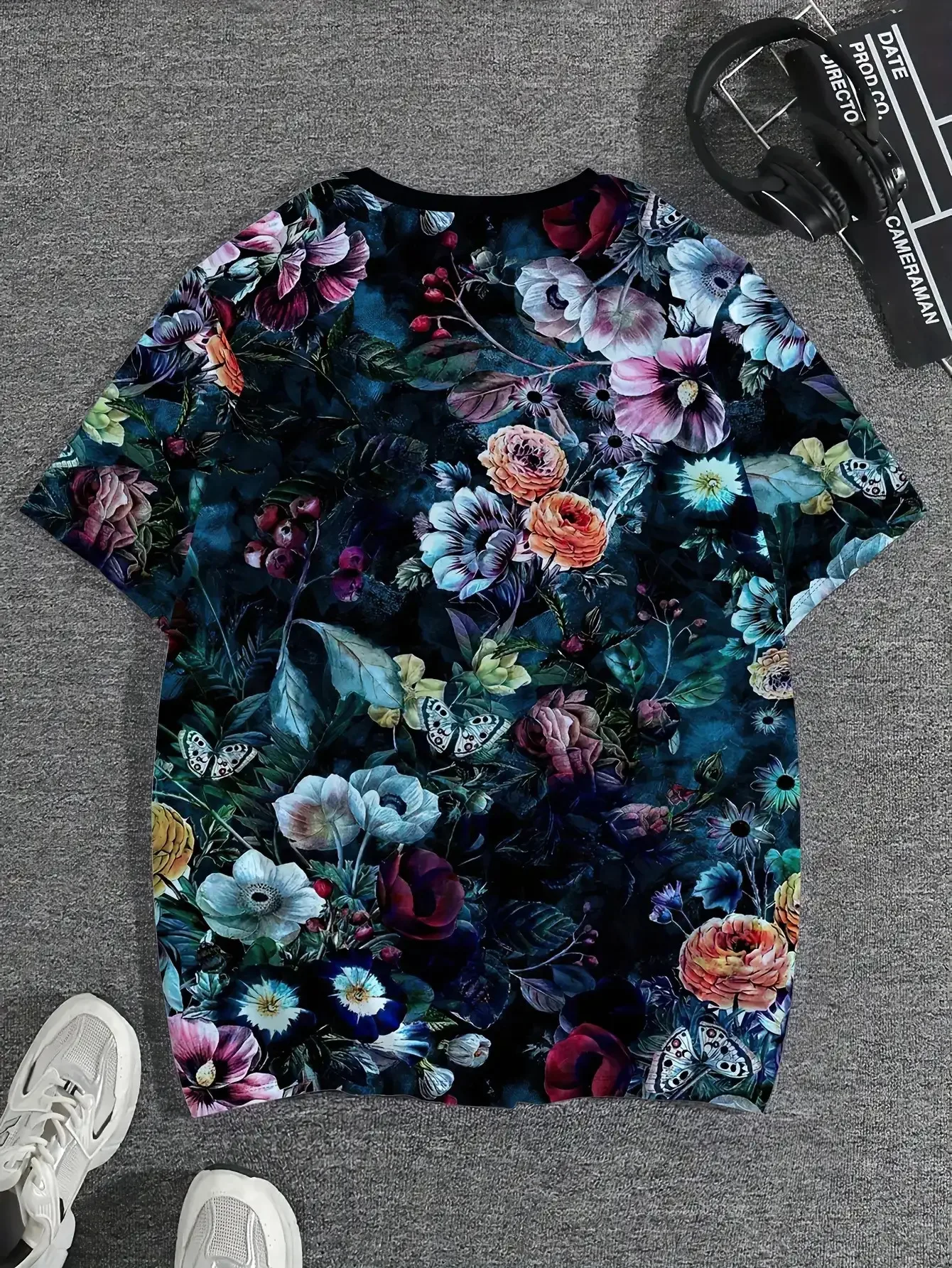 Men Short Sleeve T‑Shirt Dark Vintage Floral Botanical Print Crew Neck Casual Street Daily Tops