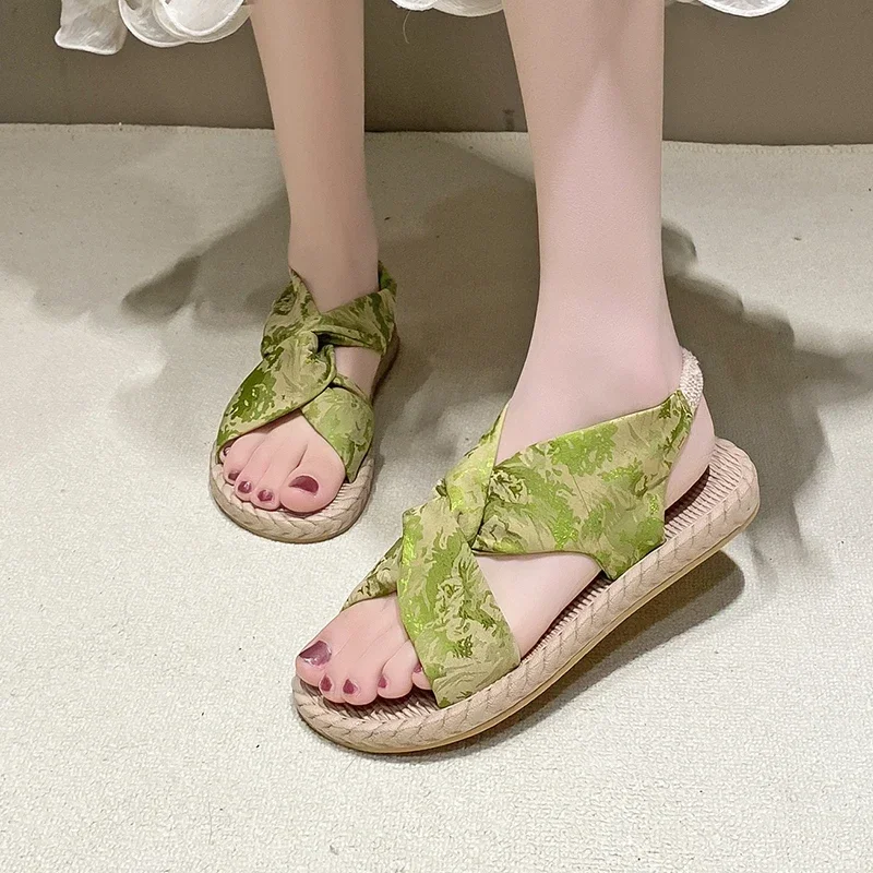 

Новинка лета 202, льняная женская обувь на плоской подошве, вязаные повседневные сандалии с травой, римские сандалии Sandalias De Mujer