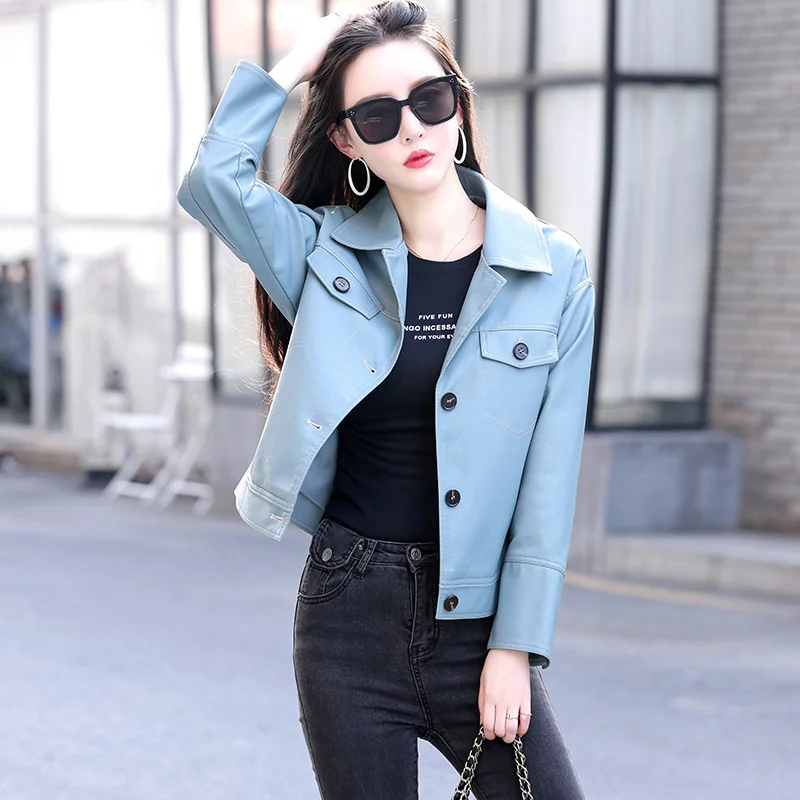 

2023 Genuine Leather Jackets Women's Short New Motorcycle Jacket Autumn New Sheepskin Leather Jacket Slim Lapel Coat Jaqueta Cjk