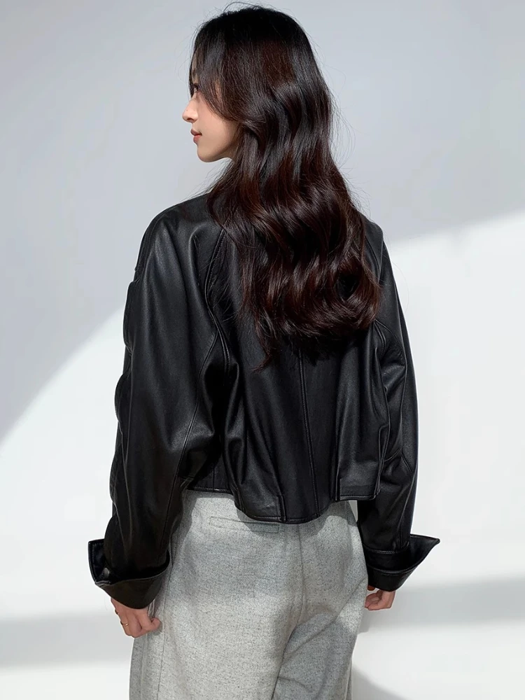 High-waist Short Genuine Leather Jackets for Women Spring Autumn 2025 New High-end Simple Casual Soft Black Real Sheepskin Coat