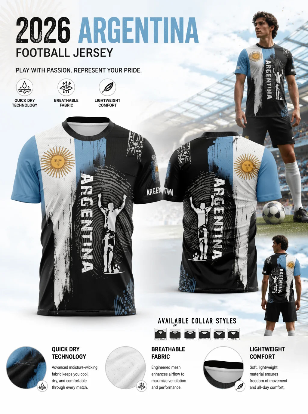Argentina soccer jersey,brush‑stroke splice,sun emblem,champion player print,quick‑dry,multiple collar styles