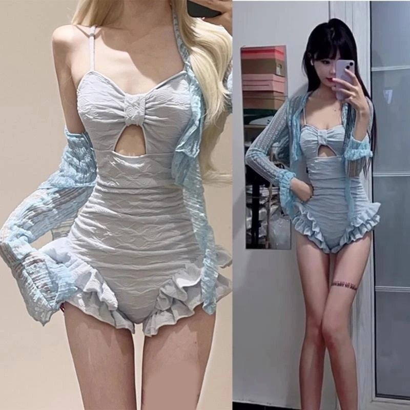 Women Ruffle Swimsuit with Long Sleeve Beach Coverup Crop Top Tummy Controlled Ruched Monokini Swimswears Bathing Suit
