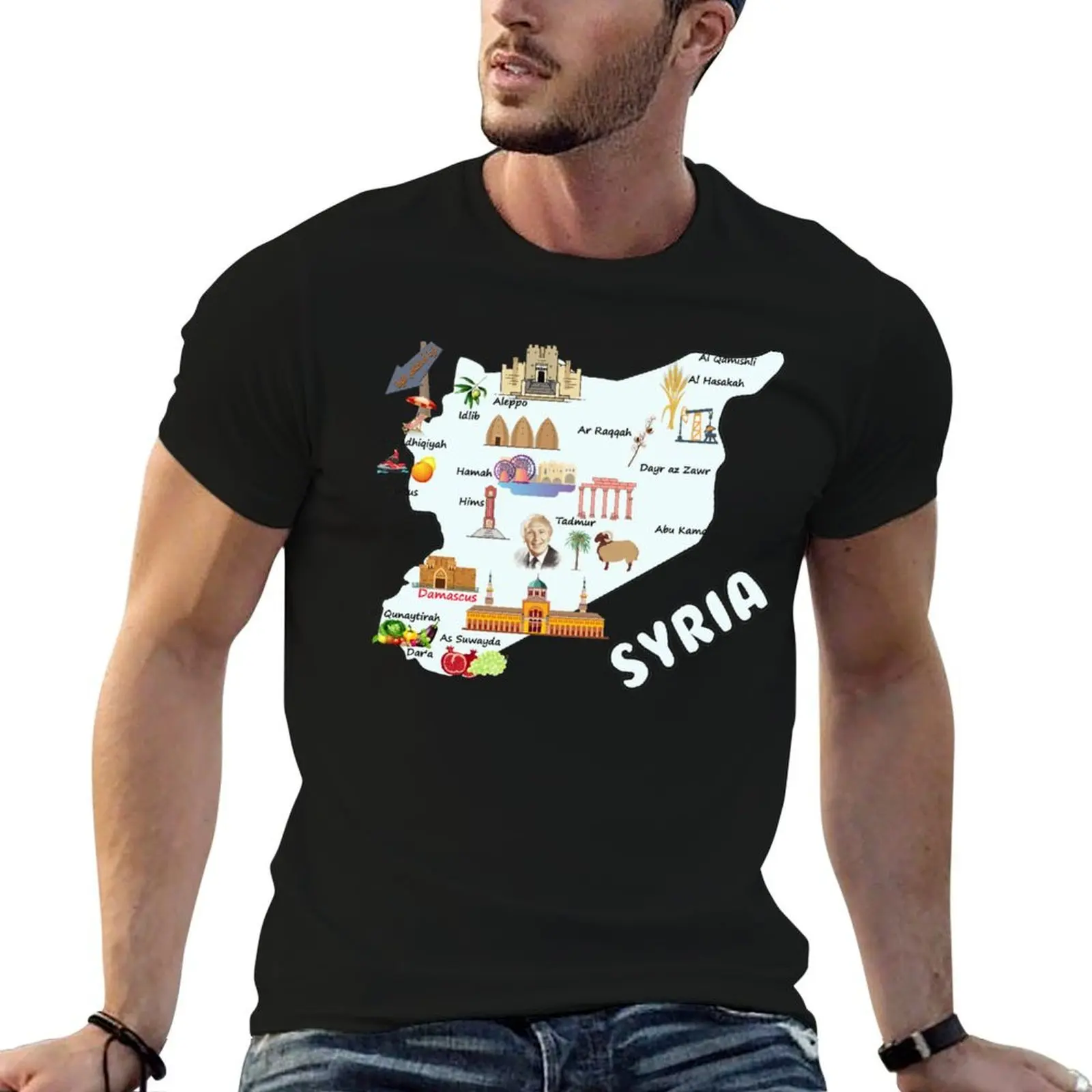 Syria map, major cities names flag Syrian national symbols and landmarks ????? ????? ?? ??? ????? ???? ??????? ????????? T-Shirt