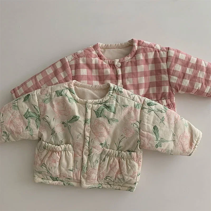 Korean Kids Boutique Clothing Down Jacket Coat 2023 Autumn Winter New Floral Printed Fashion Plaid O-neck Cotton Coat Warm Cute