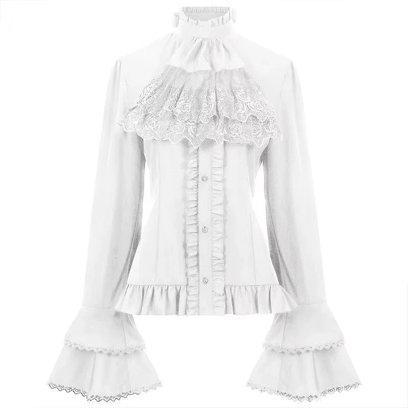 Vintage Lolita Lace Ruffle Patchwork Blouse Women Flare Sleeve Stand Neck Jk Shirts Y2k Aesthetic Grunge Tops Blusas Cosplay Top