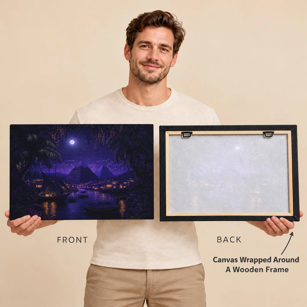 Egyptian Pyramids At Night Gallery Wrapped Canvas Print Customized Photo Purple Moonlit Illustration Wall Art For Living Room