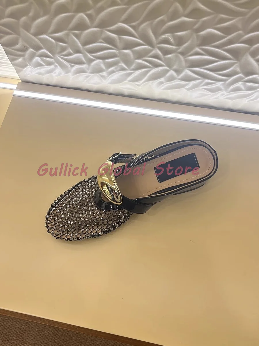 2024 New Arrival Slides Genuine Leather Round Toe Mesh Rhinestone Shallow Flat Slippers Summer Casual Breathable Women Shoes