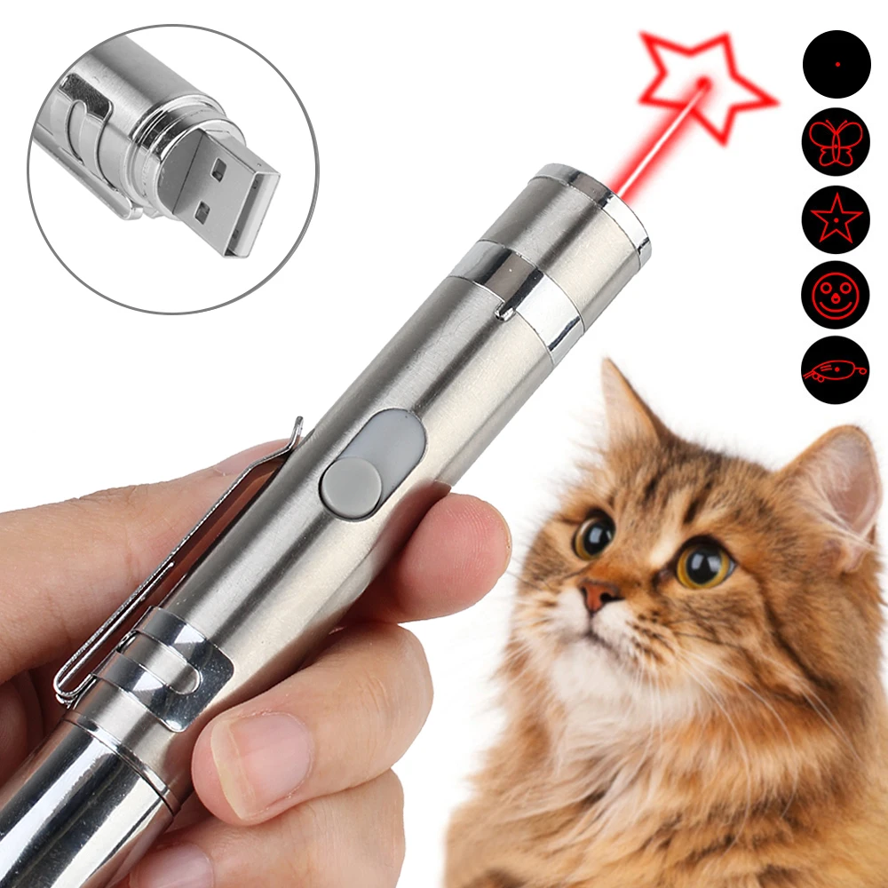 Mini Laser Pointer Pen Red Light + White Torch Light + UV Flashlight USB Rechargeable Laser Cat Teaser Stick 3-in-1