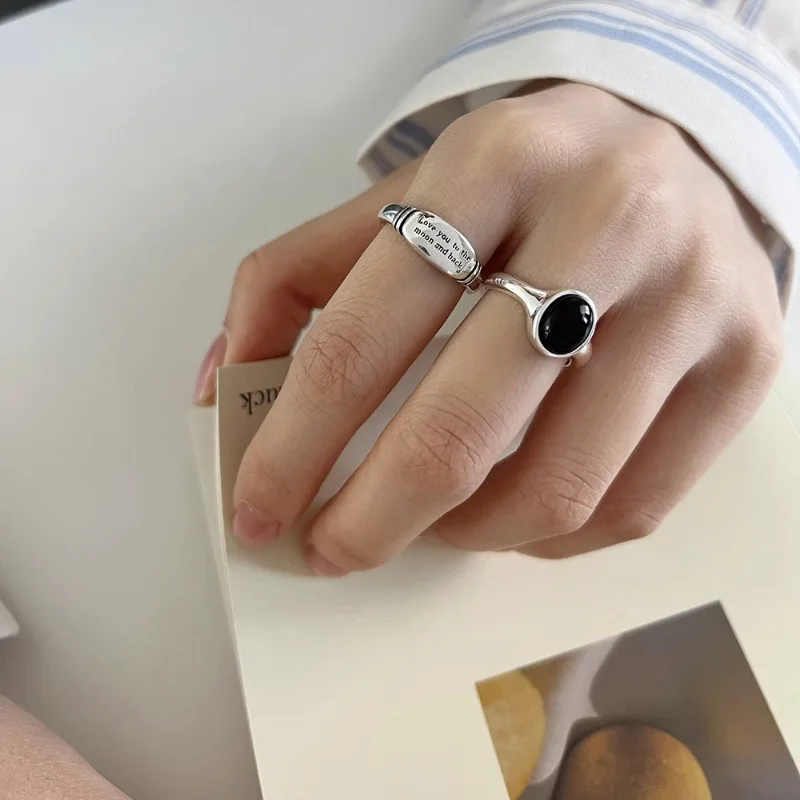 

PANJBJ 925 Sterling Silver Ring for Women Girl Black Zircon Letter Retro Personality Adjustable Jewelry Gift Dropshipping