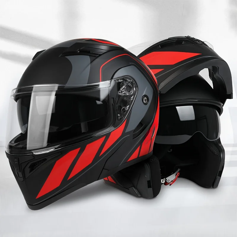 Retro Summer Motorcycle Helmet Modular Full Face Helmet and Half HelmetWith Transparent MaskABS MaterialBlack Ribbon Red Stripes