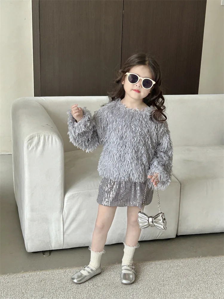 Children\'s trendy top2024Spring and Autumn New Children\'s Clothing Children Toddler Baby Feather Long Sleeve Top Sequin Skirt