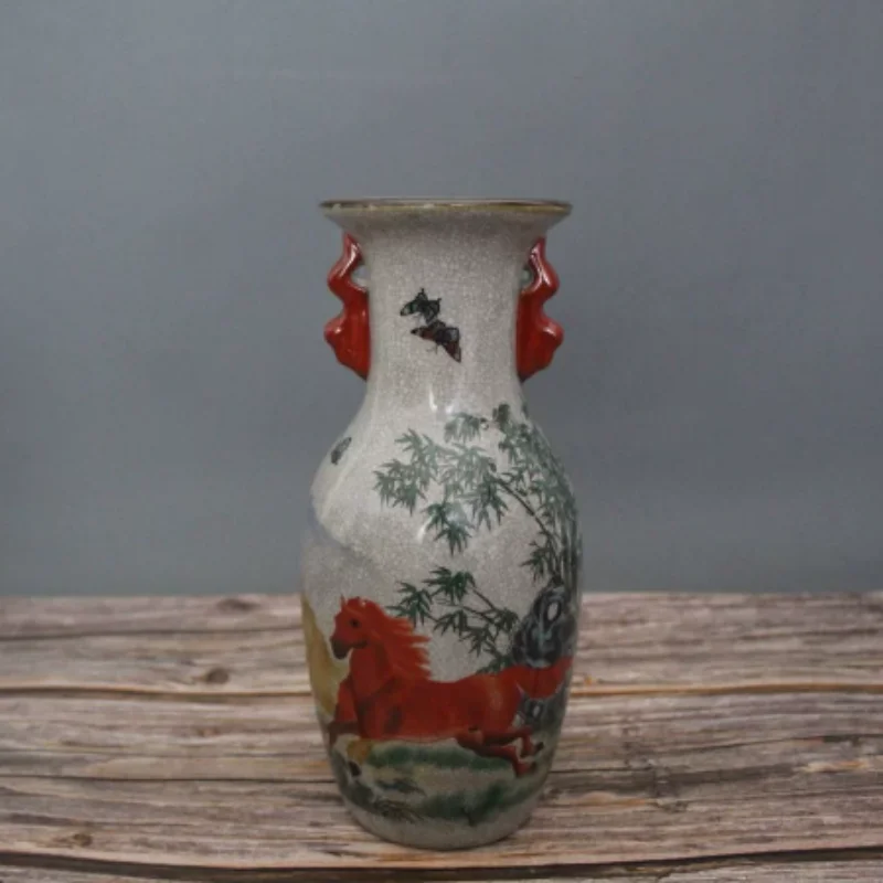 Jingdezhen Antique Ceramic Vase - Zodiac Horse Pattern Double Ear Vase, Chinese Style Home Decor Ornament