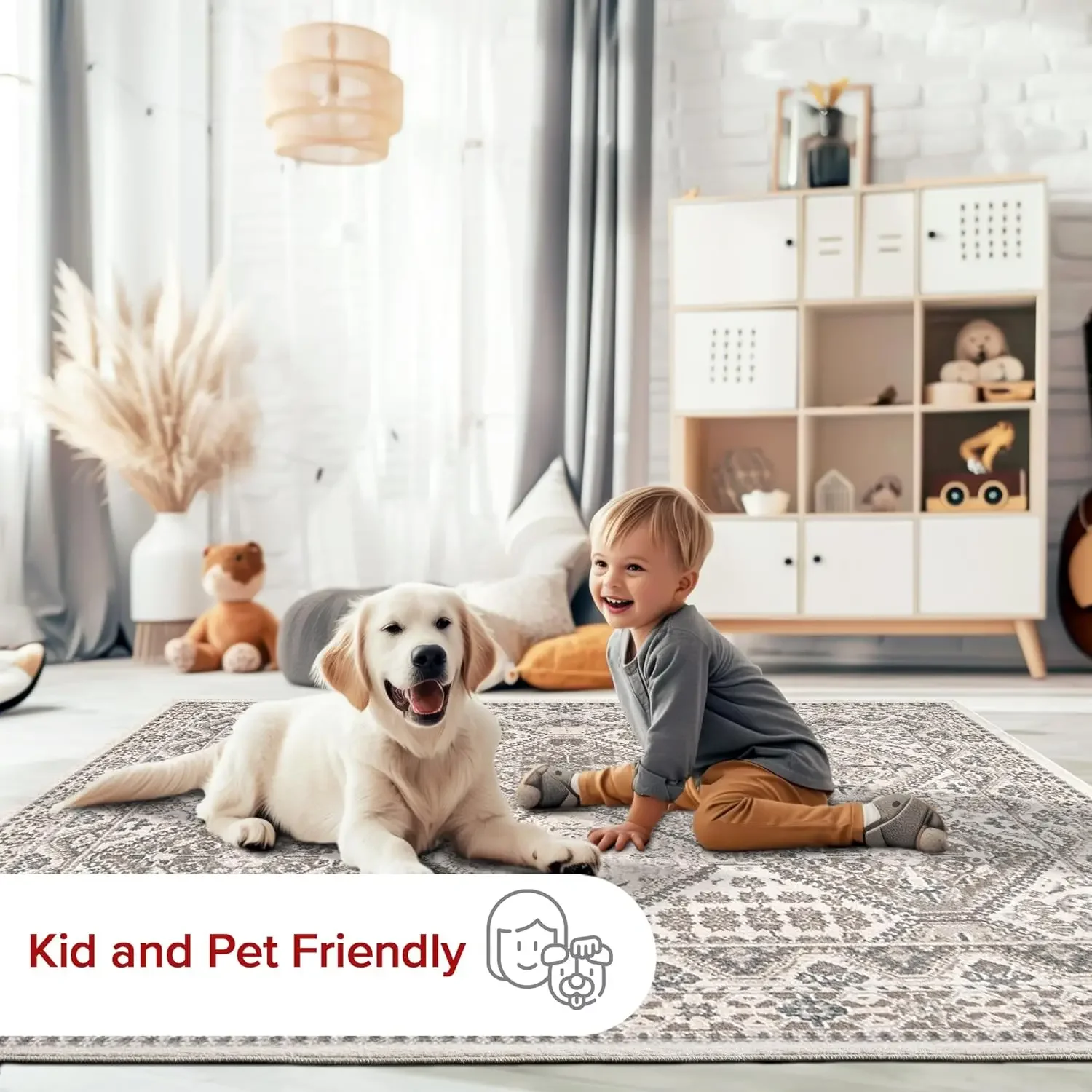 سجادة منطقة بلاط تقليدية مقاس 9 × 12 من بيكا، بيج، تصميم انتقالي باهت، مقاوم للبقع، لغرفة النوم، وغرفة الطعام، وغرفة المعيشة #6