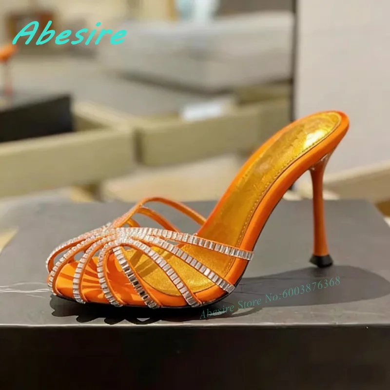 

Crystal Hollow Out Solid Slippers Round Toe Stiletto Heels Shallow Patchwork Women's Slippers Sexy Party Slingback Slip On Shoes