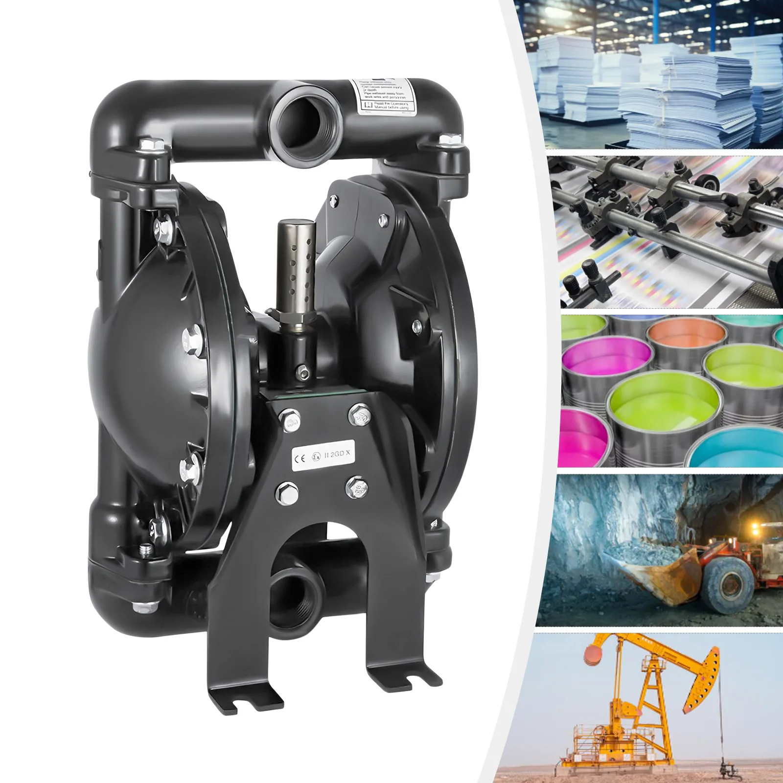 ปั๊มไดอะแฟรมคู่แบบใช้ลม 35 แกลลอนต่อนาที พร้อมช่องต่อ, ปั๊มไดอะแฟรมอะลูมิเนียม, ไดอะแฟรมไนไตรล์, สำหรับน้ำ, น้ำมันก๊าด