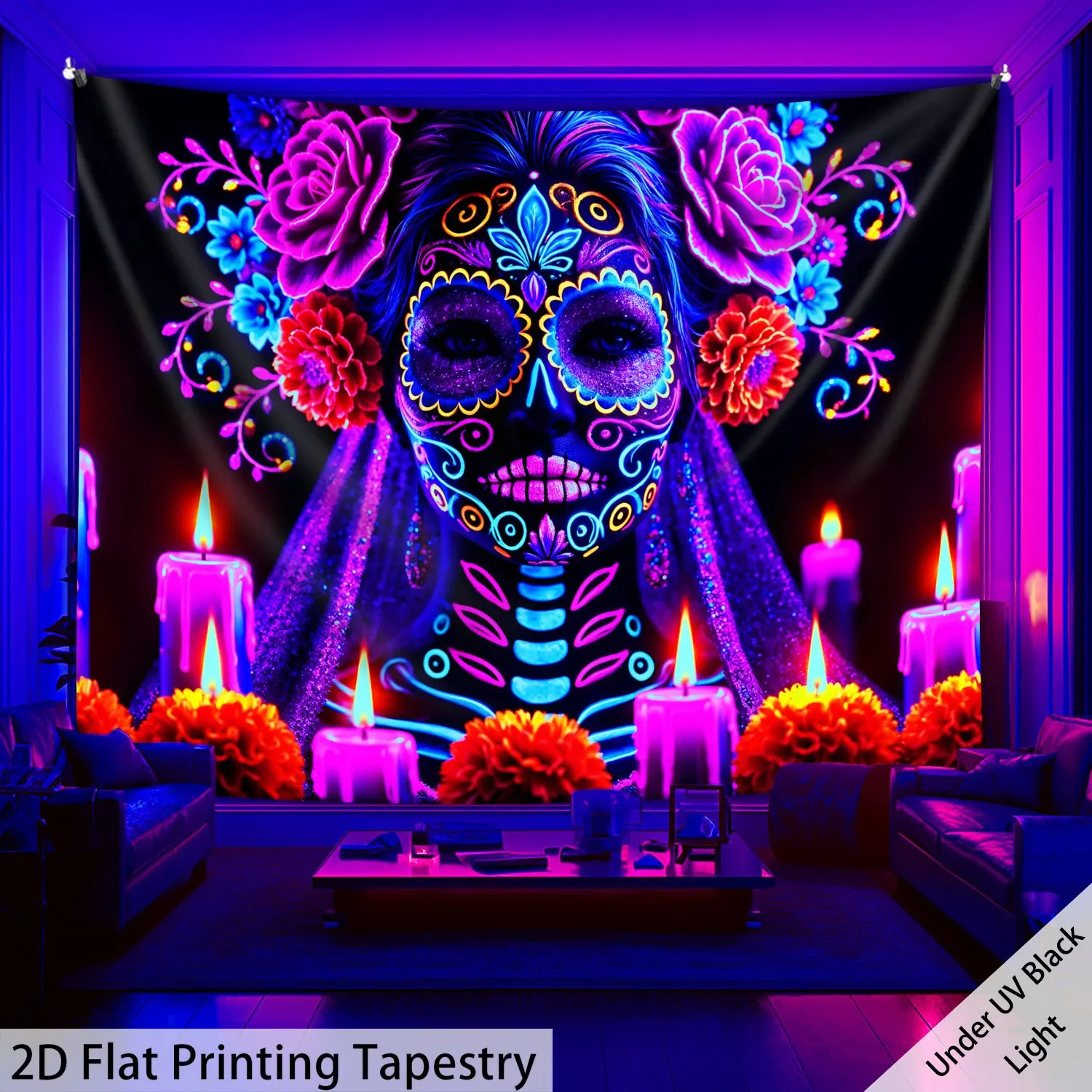 VIKAMA Tapestry Day of the Dead Skull Art Pattern Colorful Neon Decor Bohemian Style Living Room Feature Wall Room Decor