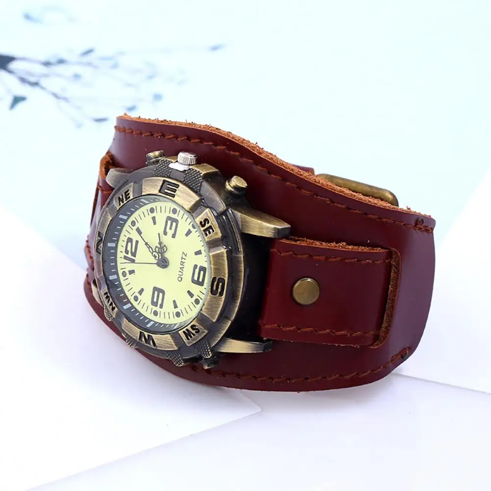 Vintage  Faux Leather Strap Quartz Watch Bracelet For Men Casual Wide Leather Band Wristwatch Clock Punk Round Dial Wrist Watch