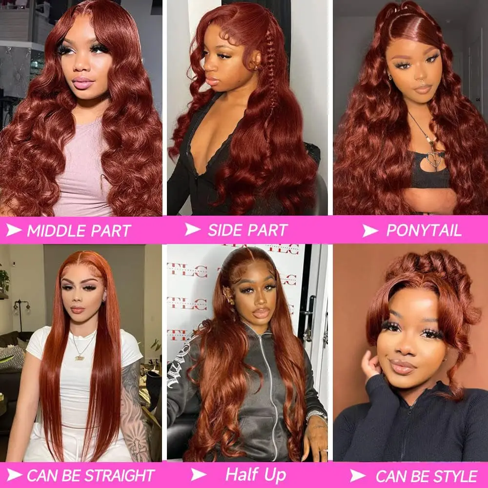 Reddish Brown Lace Front Wigs Human Hair Pre Plucked 180 Density Body Wave 13x4 Auburn Colored Human Hair Lace Frontal Wig Sale