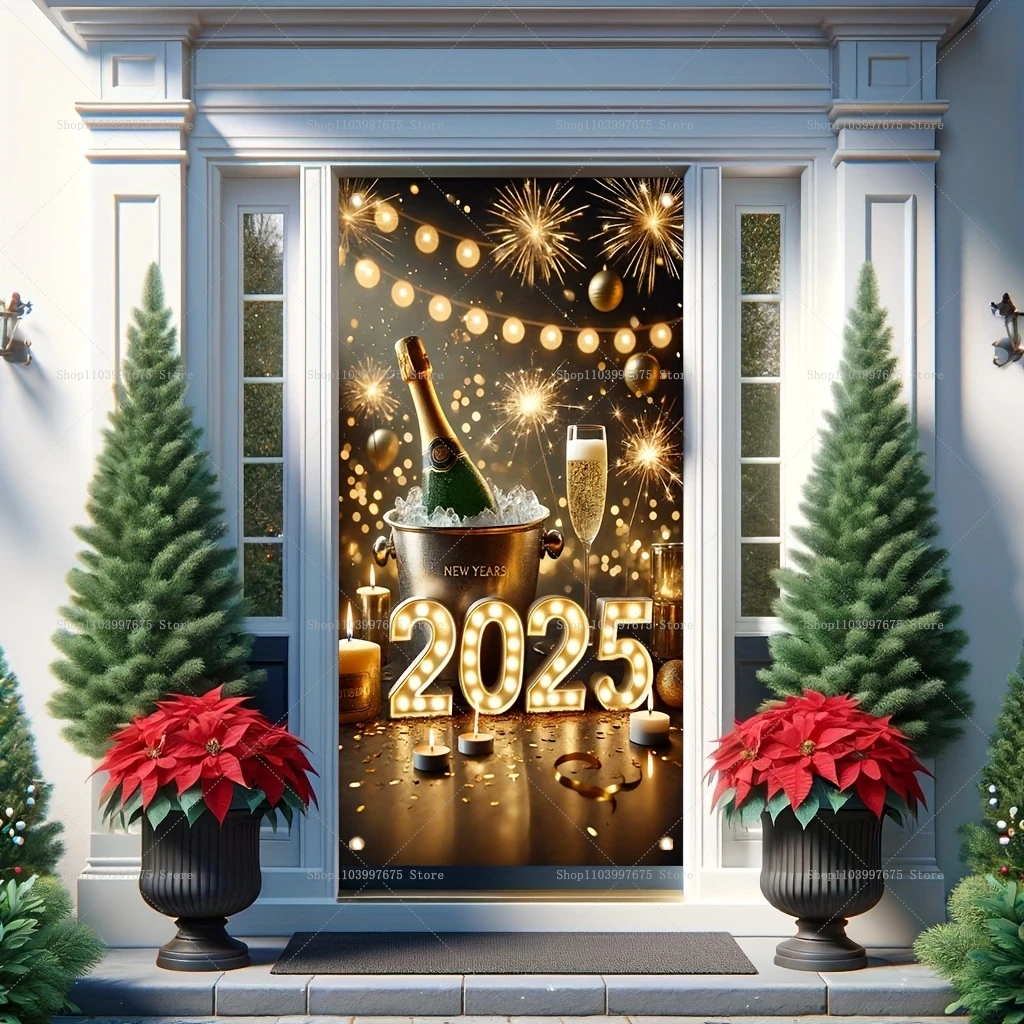 2025 Happy New Year Door Cover Banner Fireworks Champagne Celebration Christmas Party Backdrop Indoor Outdoor Background Decor