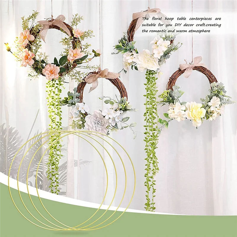 ABSE-8 PCS 12 Inch Metal Floral Hoop Centerpiece For Table, Metal Wreath Ring With 8 PCS Wood Place Card Holders For DIY