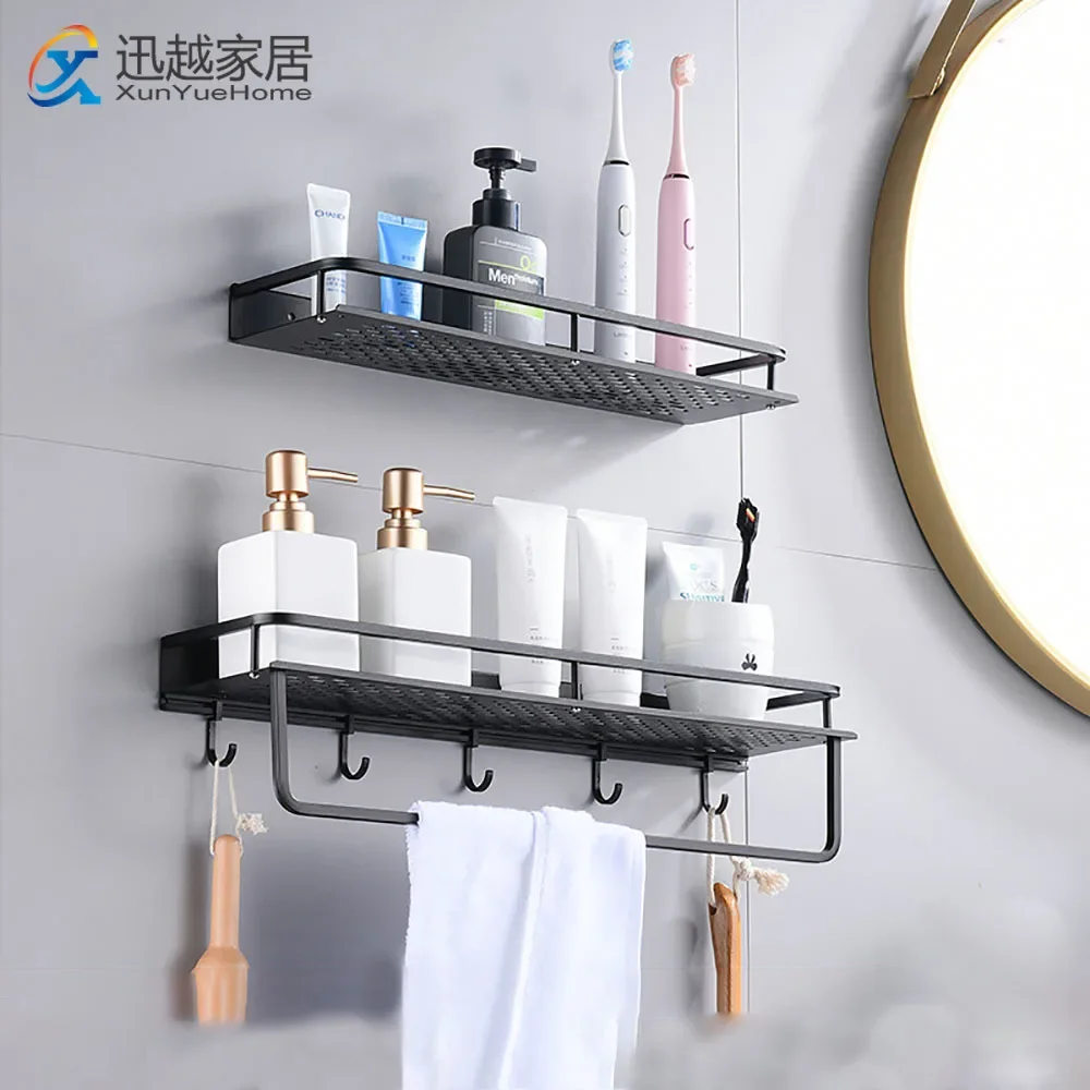

Wall Shampo Shelf With Bar Towel Holder Square Black Aluminum Hanger Hooks Organizer Kitchen Spice Rack Bathroom Accessories