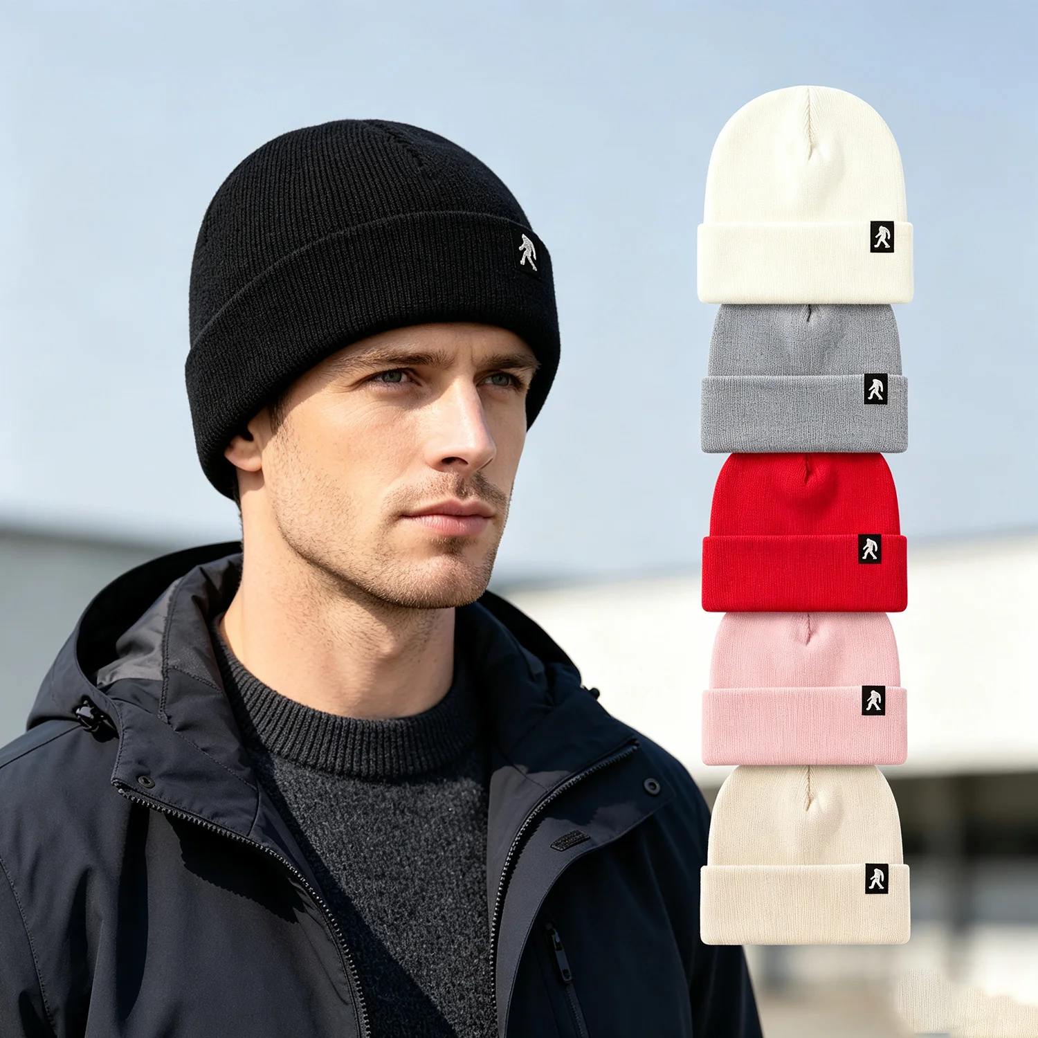 Unisex Walking Man Embroidery Knit Beanie, Soft Elastic Fold Cuff Ribbed Skull Hat, Multiple Solid Color Casual Daily Cap