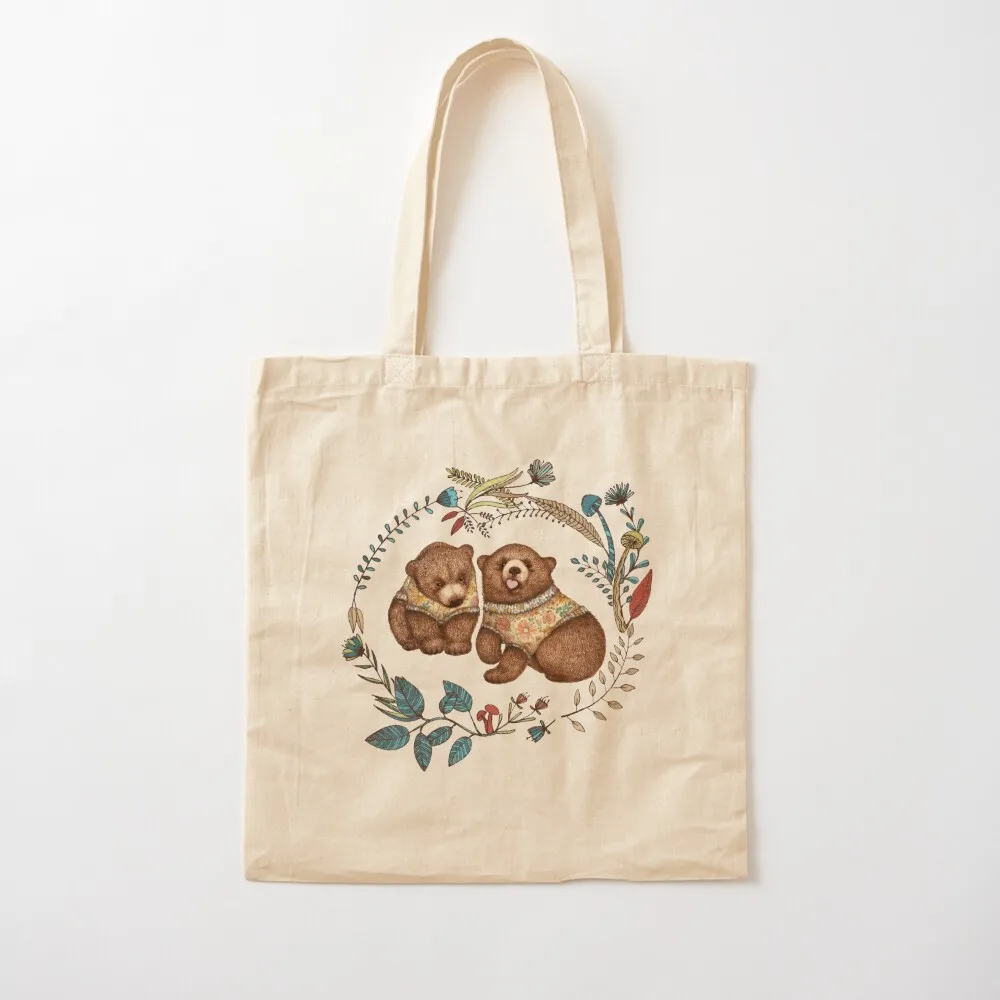 Whimsical Bear Pair with Fantasy Flora Tote Bag tote bag university Women's shopping bag Canvas Tote