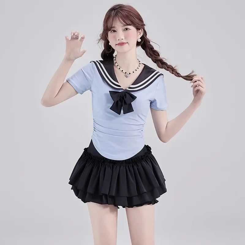 ملابس سباحة للفتيات في المدارس، ملابس سباحة أنيقة بياقة بحار لطيفة + تنورة صغيرة مكشكشة، ملابس سباحة صيفية رافعة للصدر، مجموعة بيكيني عالية الخصر