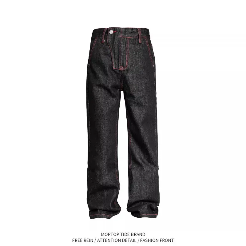 

Red Bloodline Slant Button Design Jeans American Style Micro Flared Original Denim Zipper Fly Long Pants Youth Trend