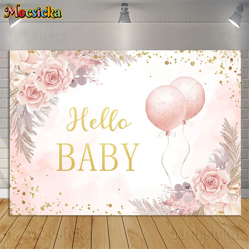 Hello Baby Party Decoration Supplies Baby Shower Backdrops Pink Floral Balloon Girl Boy Birthday Portrait Background Photocall