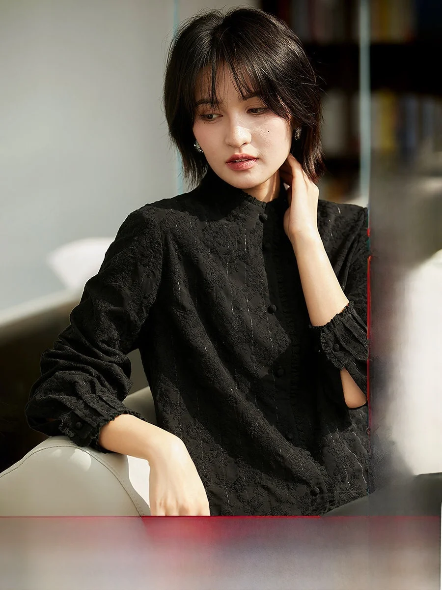 

XiaoHanGe Heavy Embroidery Long Sve irt Stand Collar Ear Musoom Lace Trim All over Embroidery Women's Busin Casual ...