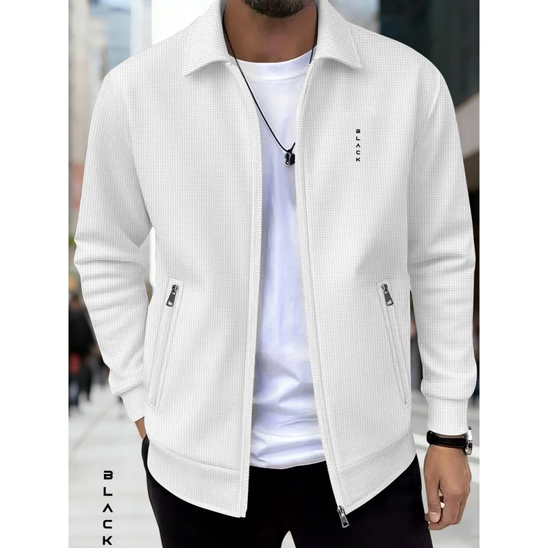 Men's waffle-knit zip-up work jacket with stand collar, vertical 