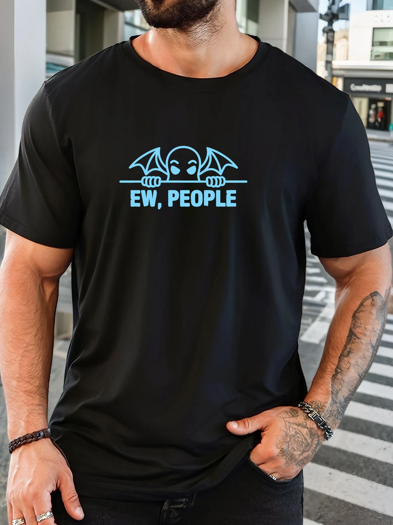 

Men's EW, PEOPLE pattern summer casual round neck short T-shirt