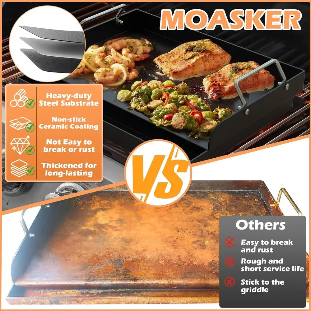 Top Griddle Insert or Outdoor Gas Grill, Cast Iron Griddle or Charcoal Grill, 17 x 13 Nonstick Coating Plate with Handle & Greas