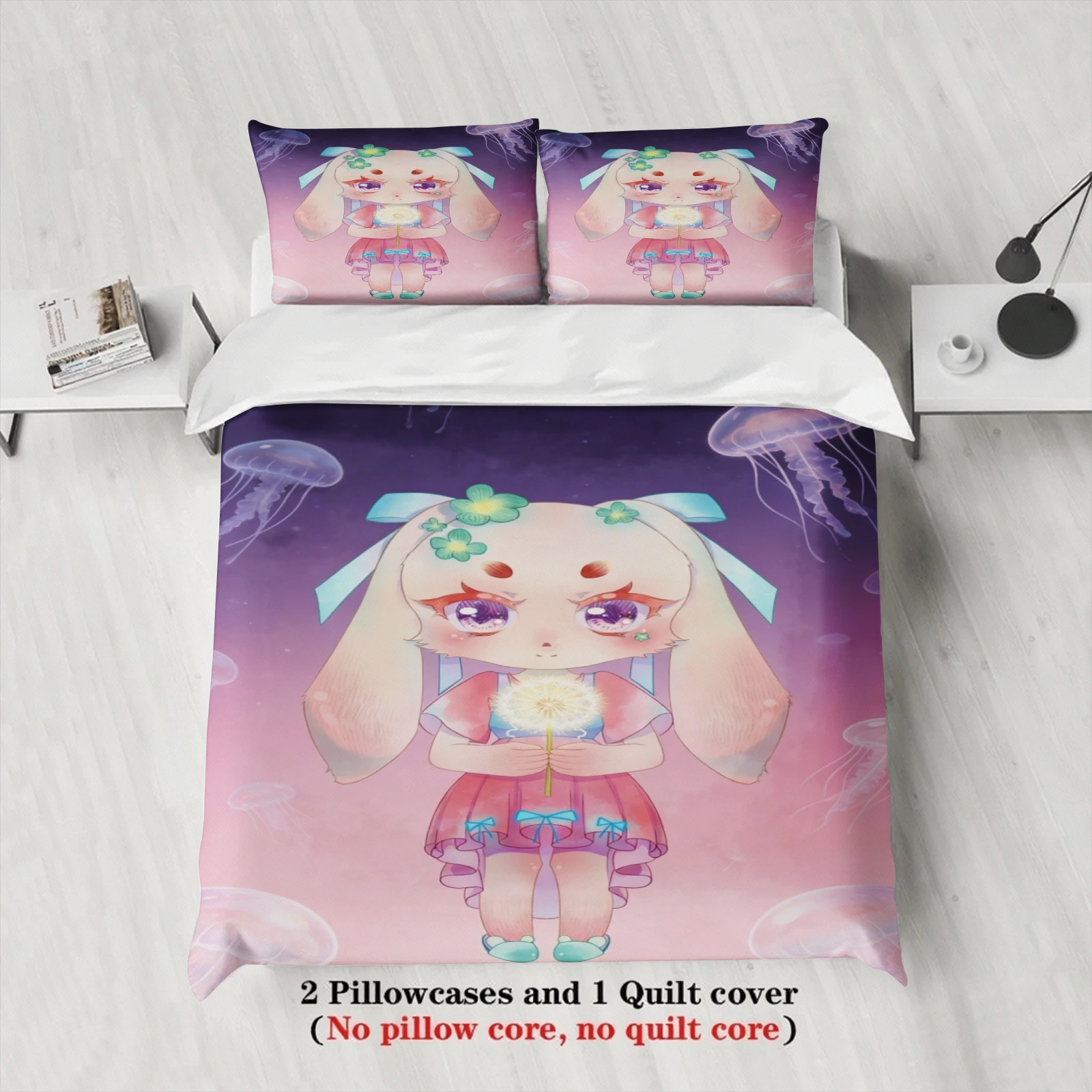 Softville Cozy Town 3PCS Bedding Sets Lop Rabbit Pink-Purple Gradient Pint Duvet Cover No filling Cartoon Style Queen King Size