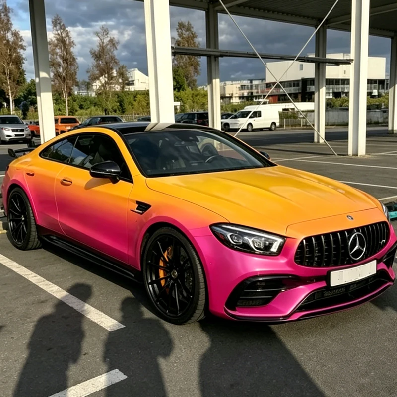 Custom 1.52*20M Yellow Pink Gradient PET Metallic Car Wrap Vinyl Air Bubble Free Car Wrapping Film for Full Body