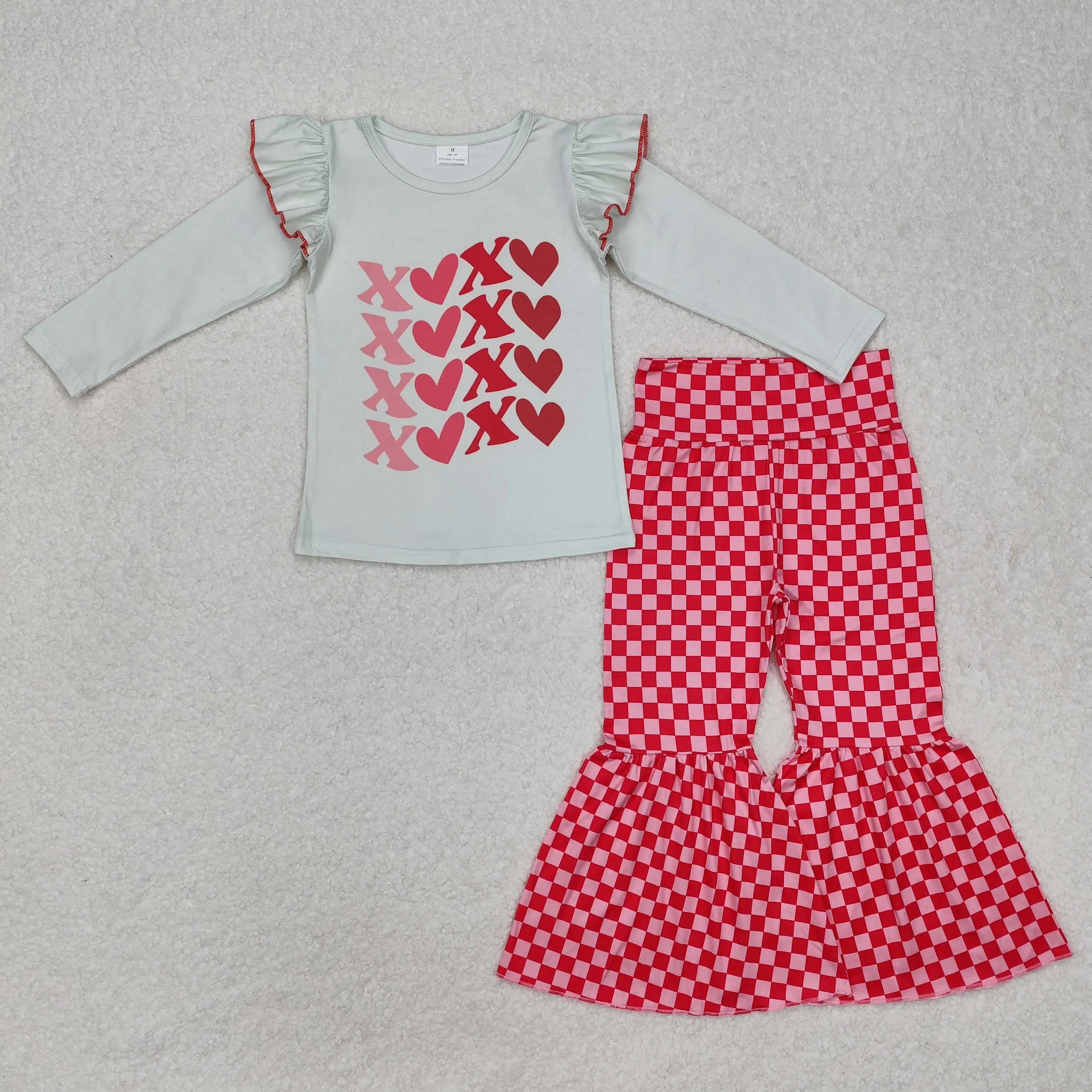 

New rts baby girls valentine suit wholesale boutique xoxo letter love lace long sleeve top plaid pants girls clothing