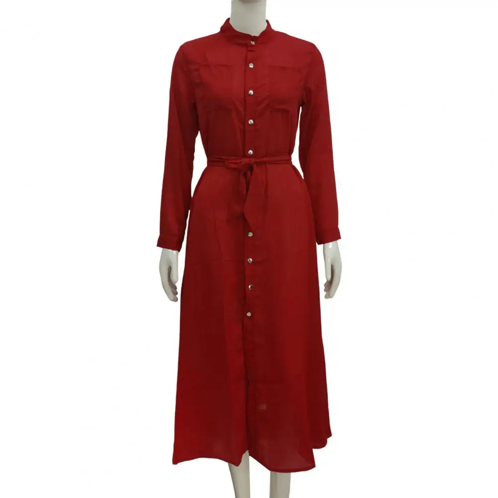 Vestido acrílico elegante con solapa de línea a para mujer, vestido largo con detalle de cordones, pliegues de cintura delgada, Color sólido, tipo camisa con botones