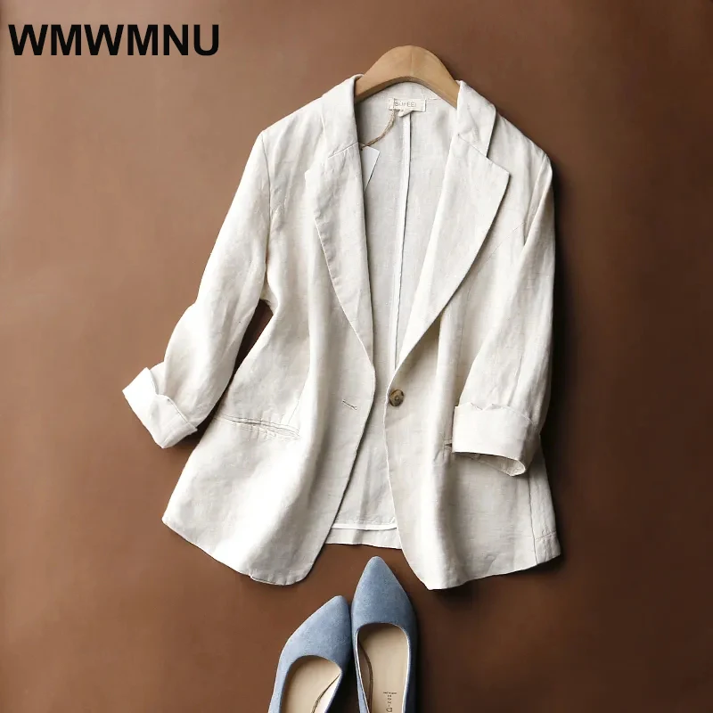 Office White Cotton Linen Thin Blazers Jackets Women Unlined Basic Formal Slim Coats Elegant Casual Summer Lapel Ol Outwear New